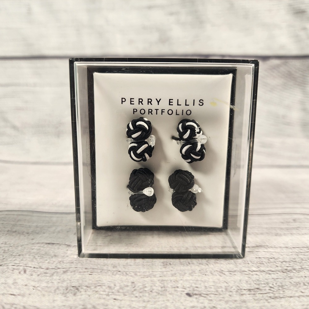 Perry Ellis Portfolio Mens 2 Pair Silk Knot Cufflinks Black White GPC0018M